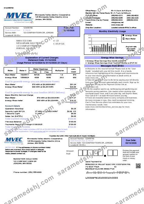 USA Minnesota Valley Electric Cooperative (MVEC) business utility bill template in Word and PDF formats